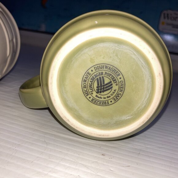 Longaberger Pottery Woven Traditions Sage Green Off White Coffee Mugs - Picture 5 of 8
